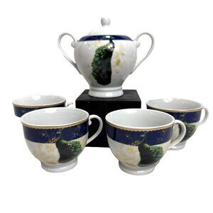 4 Savoy Home Blue Peacock Coffee Cups Mugs + Sugar Bowl